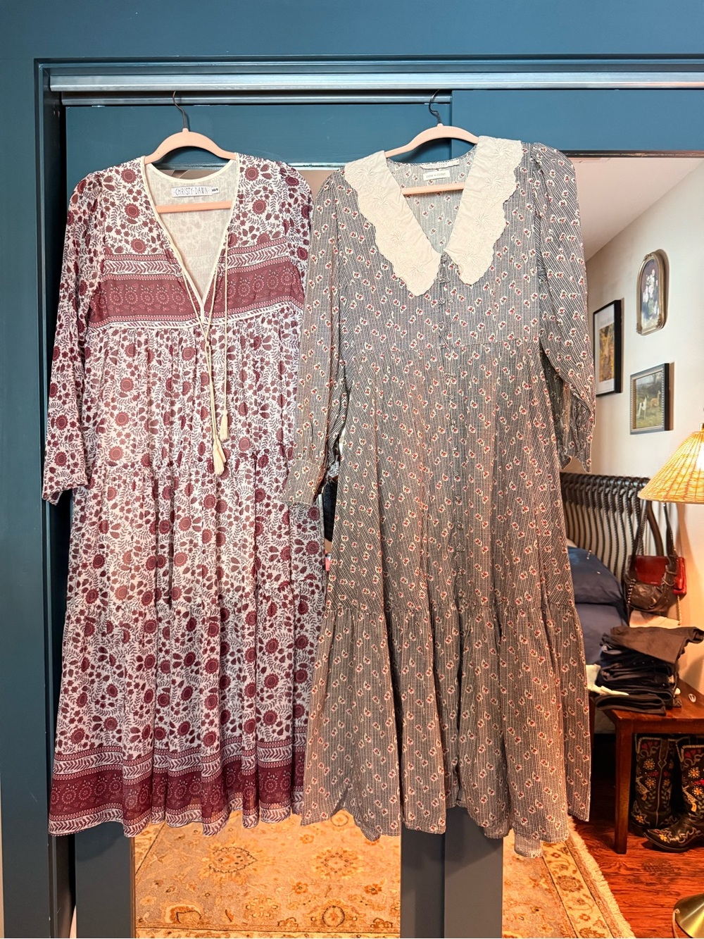 Christy Dawn Floral Tiered Midi Dresses in Burgundy and Gray